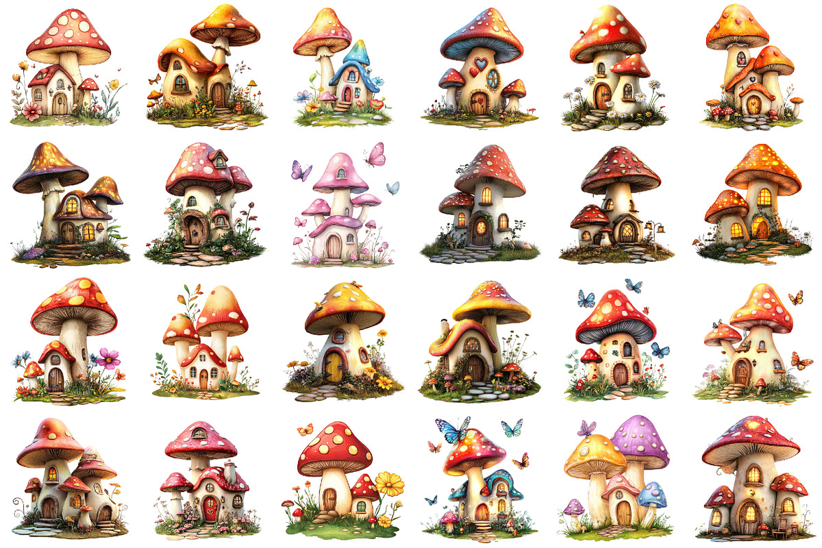 Mushroom Cottages Whimsical Clipart, a Seasonal Illustration by designcity5 (Photo 2 of 5)