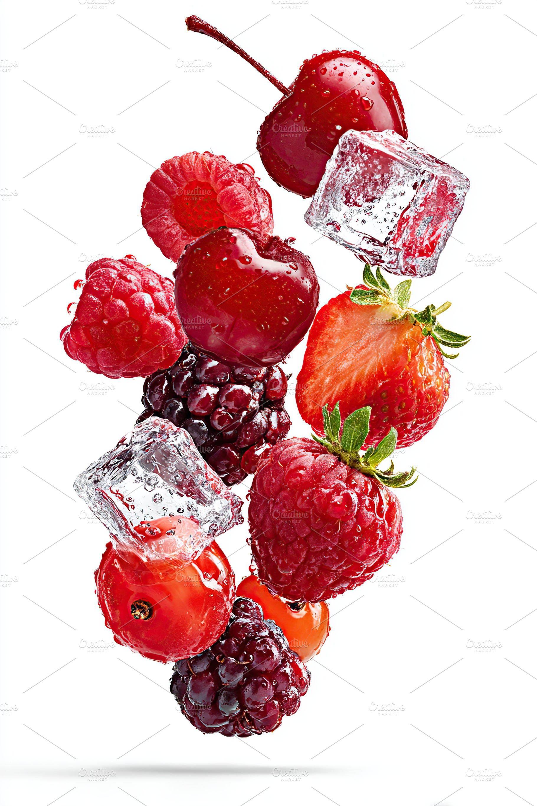Fresh cherries, raspberries, and blackberries with ice cubes create a vibrant s, a Food & Drink Photo by AlyaAnd