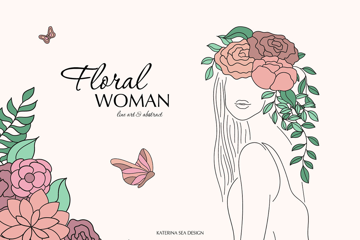 Line art floral woman & elements, a Person Illustration by Katerina.Sea.Design (Photo 1 of 10)