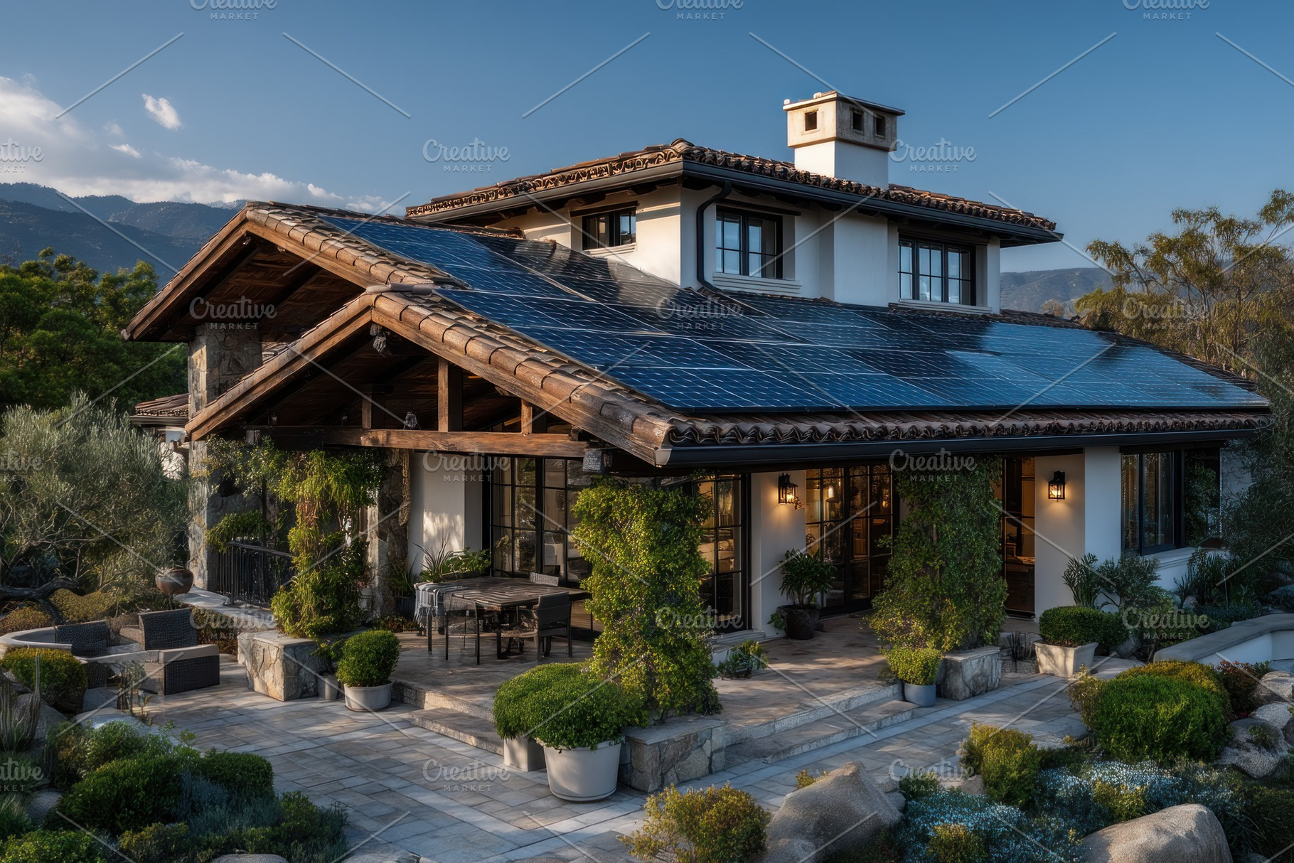 Luxury villa with solar panels on tiled roof, lush landscaping,, a Technology Photo by José Manuel Gelpi