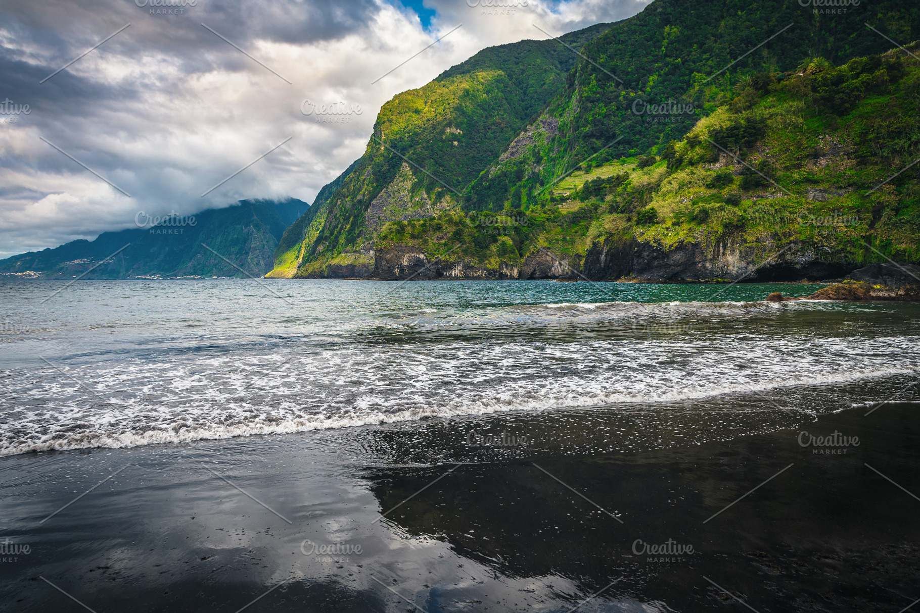 Stunning beach view with black sand, a Nature Photo by Alpine Dreams