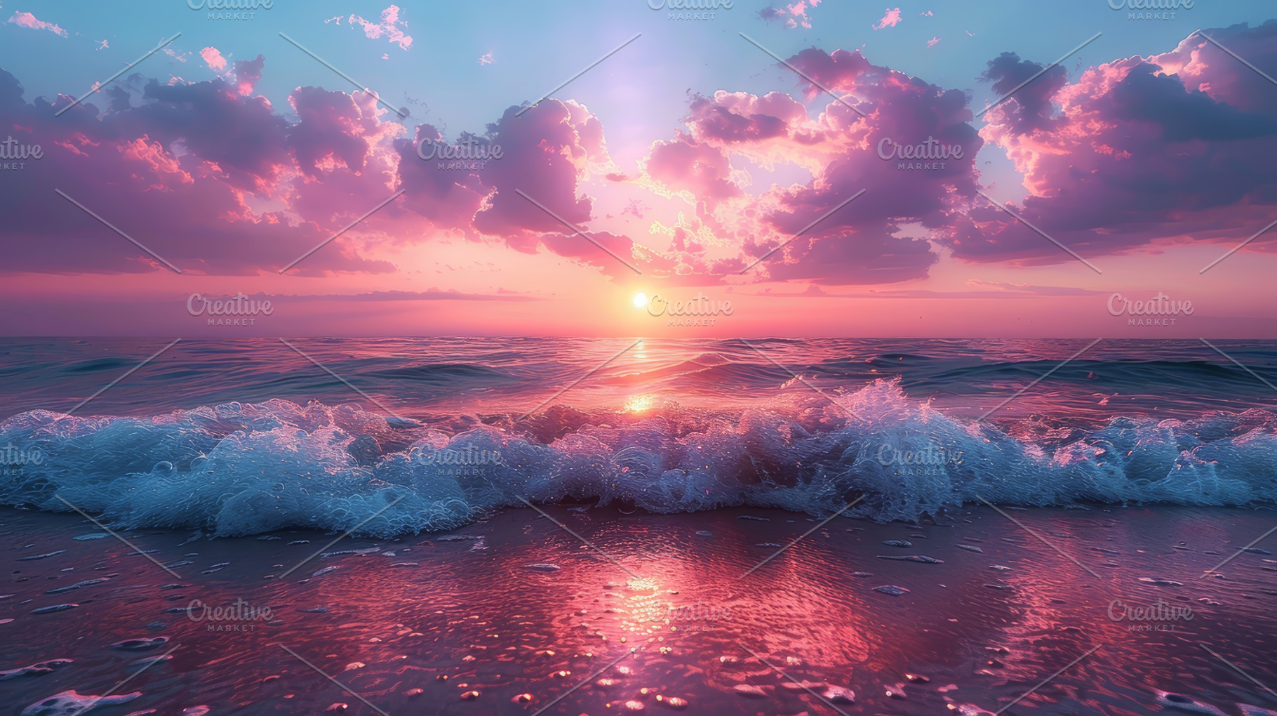 Stunning Pink-Purple Sunrise Over the Kiev Sea with Vibrant Sunlight and Waves, a Photo by AS photostudio