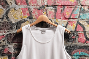 A plain white tank top mockup hanging on a wooden hanger against a colorful gra