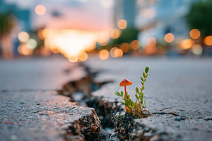Small wild mushroom emerges from a crack in the pavement at sunset, a Photo by AlyaAnd