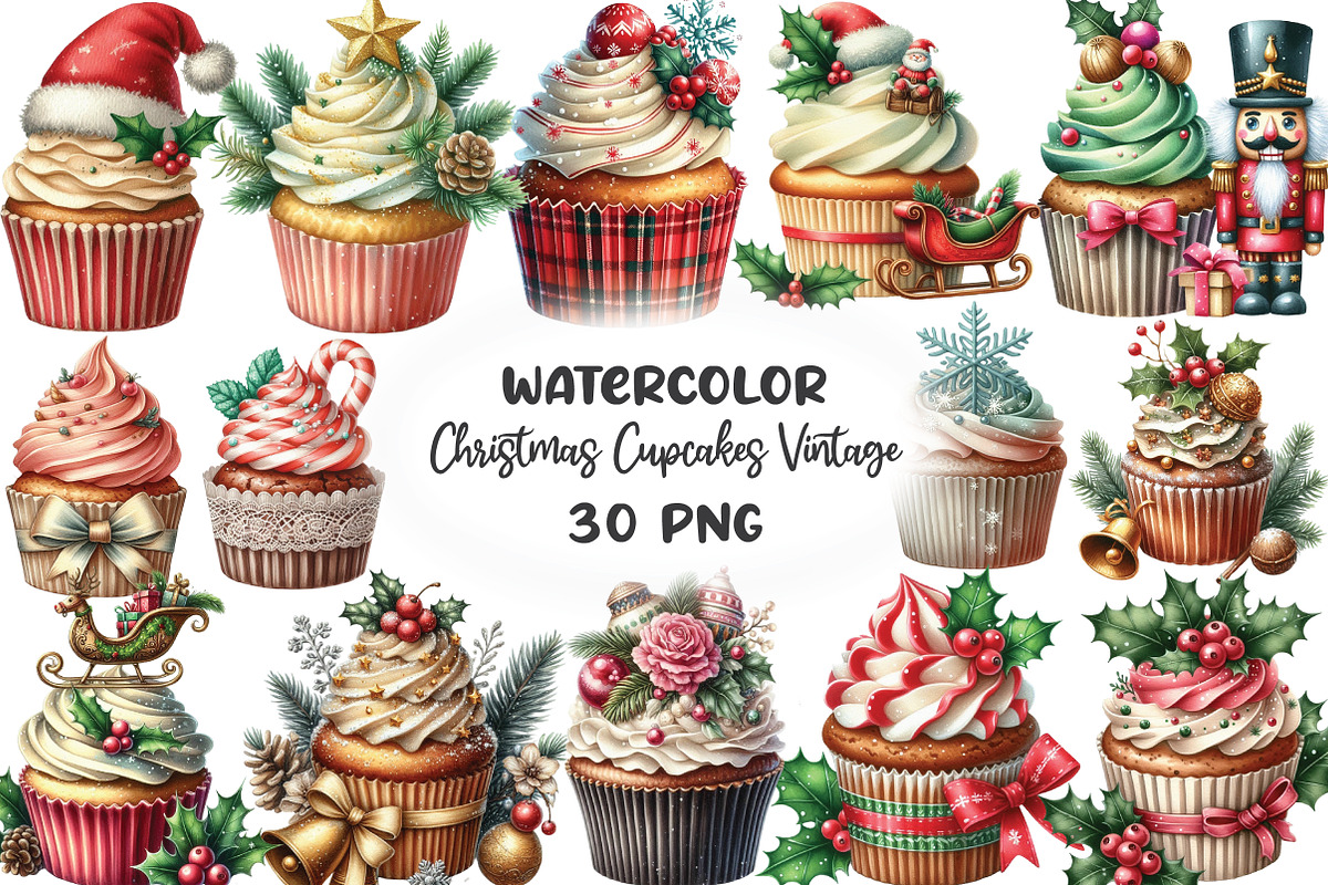 Christmas Cupcakes Vintage Clipart, an Illustration by CraftArtStudio (Photo 1 of 6)