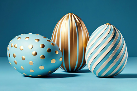 Easter eggs decorated with gold and blue colors. Generative AI, a Holiday Photo by OSORIOartist