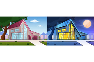 Night day cottage. Suburban houses, an Object Illustration by Stock-Smart-Start
