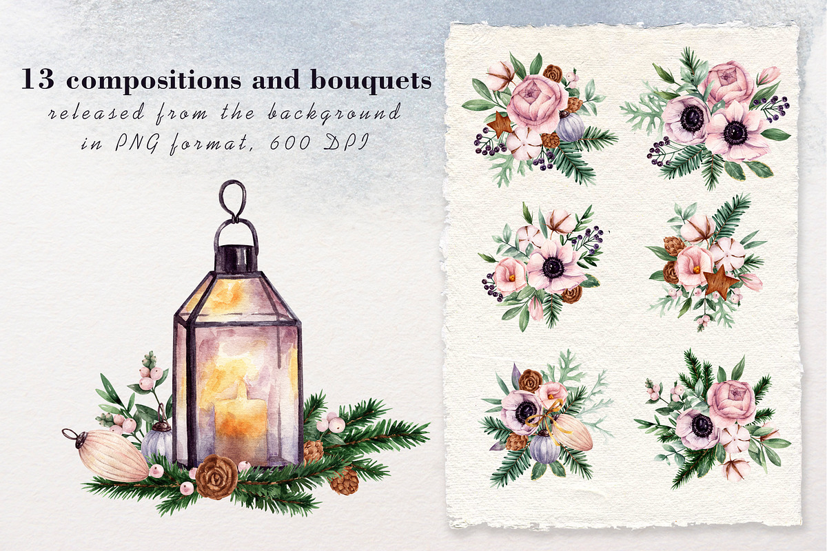 Winter flowers watercolor clipart, a Decorative Illustration by a_ptichkina (Photo 3 of 8)