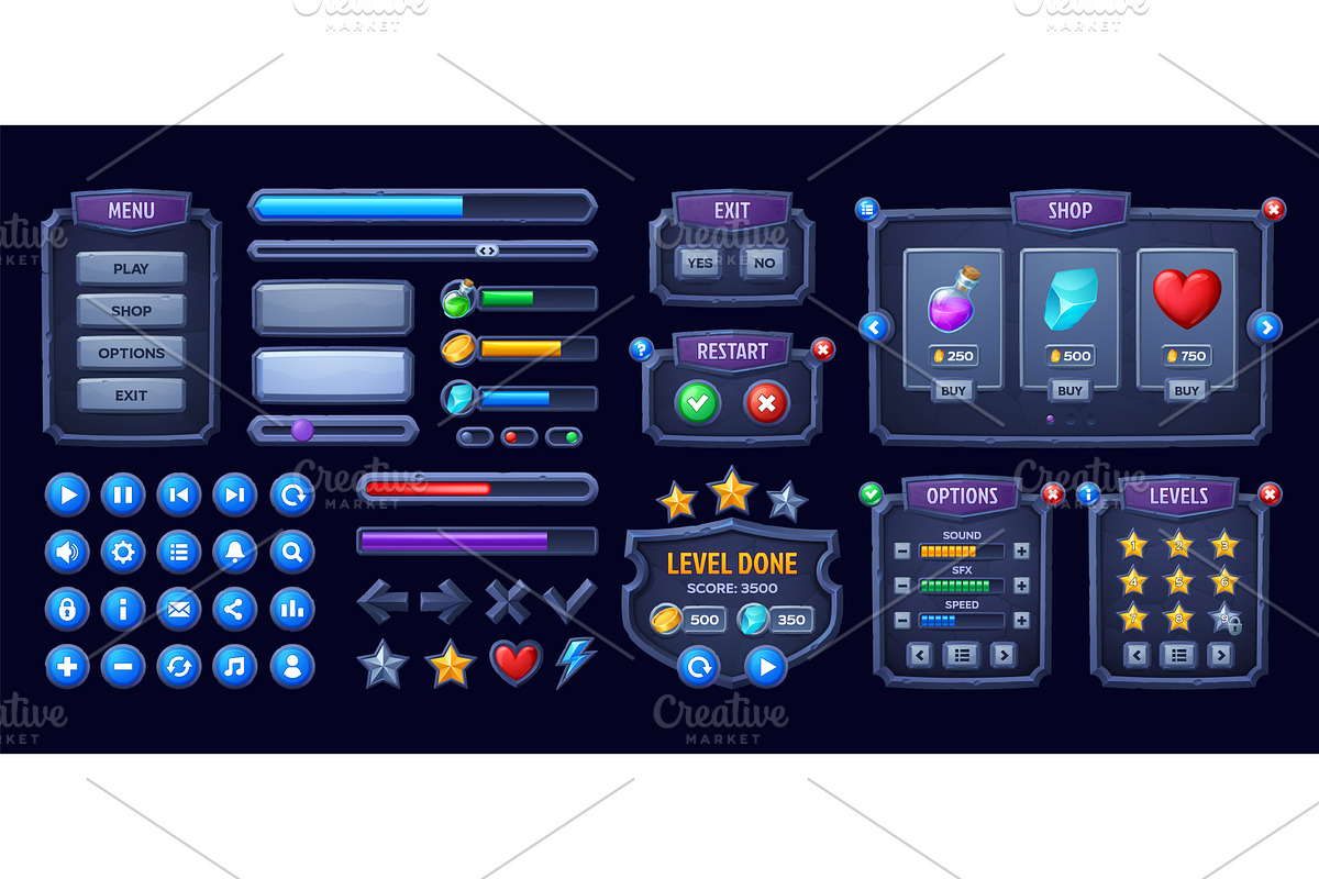 Stone game interface UI game buttons, a Technology Illustration by Buch&Bee
