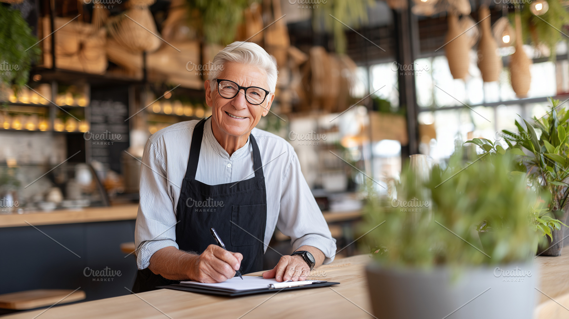 Smiling senior cafe owner in apron, a Food & Drink Photo by MistyDay