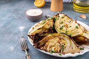 Roasted baked cabbage with cheese and aromatic herbs, a Food & Drink Photo by Rimma