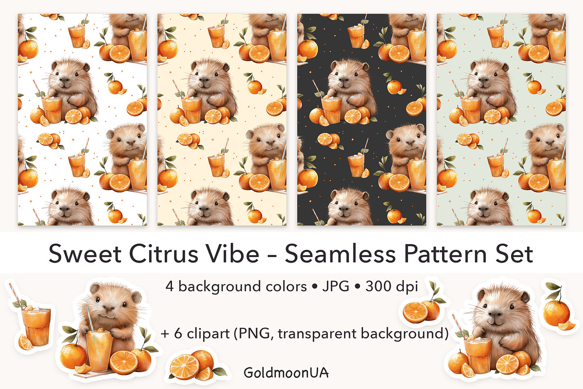 Capybara & Orange Pattern & Clipart, an Animal Illustration by GoldmoonUA (Photo 1 of 5)