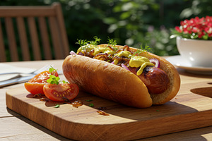 Grilled hot dog with mustard, onions, a Food & Drink Photo by professorinc