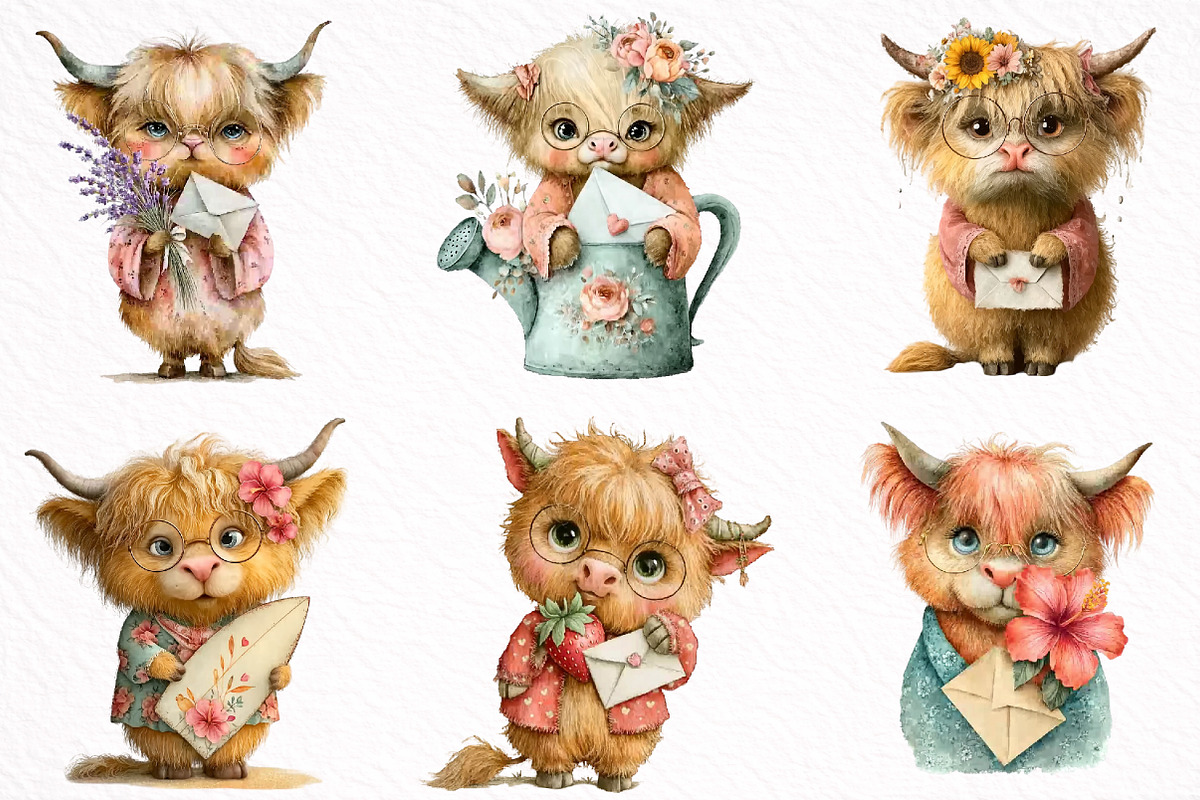 Watercolor Summer Highland Cow Clipa, an Illustration by DreamArtGraphic (Photo 6 of 8)