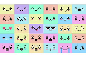 Pixel art kawaii faces. Cute, an Illustration by winwin.art