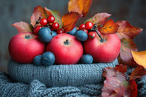 Fresh red apples surrounded by vibrant autumn leaves and berries., a Food & Drink Photo by AlyaAnd
