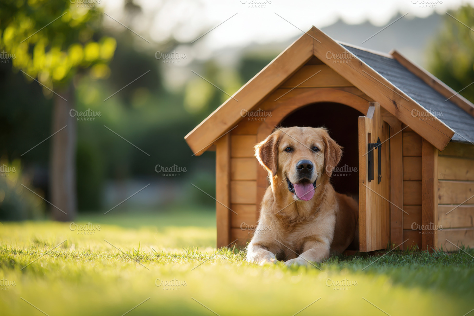 Labrador dog relaxing in a modern wooden dog house, an Animal Photo by AlyaAnd