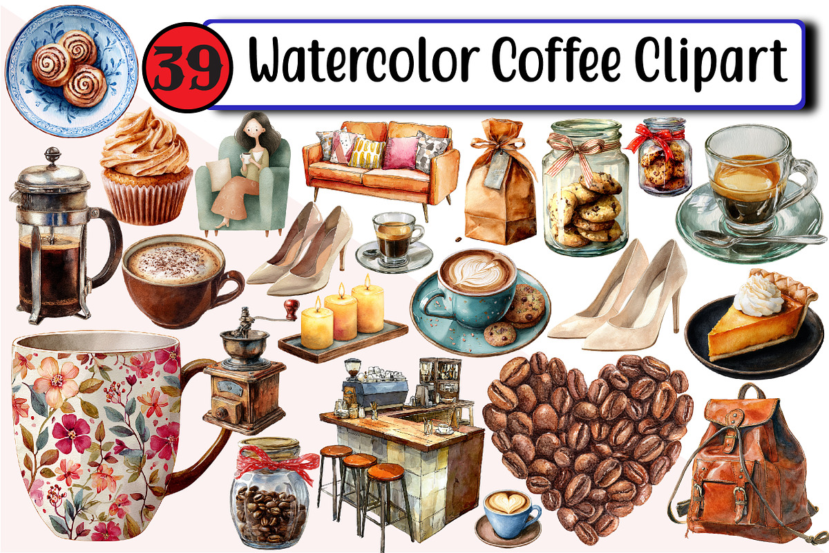 Watercolor Coffee Clipart, an Illustration by Design Market (Photo 1 of 3)