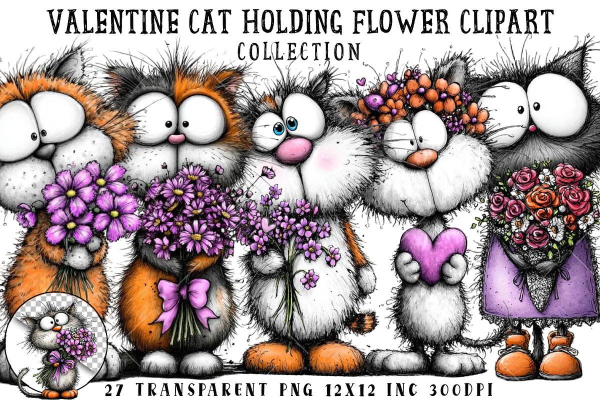 Valentine Cat Holding Flower Clipart, an Illustration by OK Design (Photo 1 of 6)