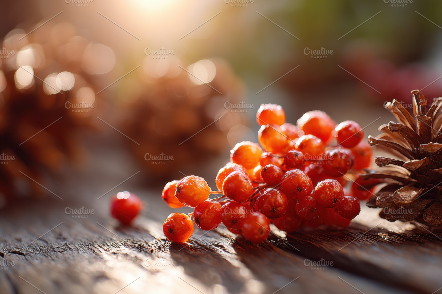 Vibrant red berries on wooden surface with pine cones, a Nature Photo by AlyaAnd