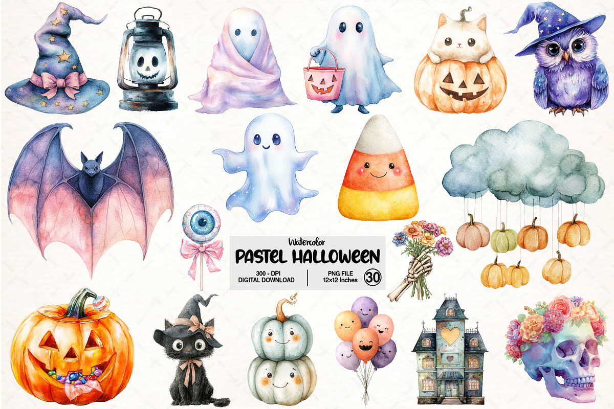 Watercolor Pastel Halloween Clipart, an Illustration by Pixels.Craft (Photo 1 of 7)