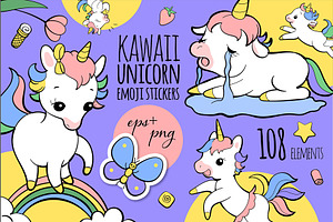 Kawaii Unicorn Emoji Stickers Set