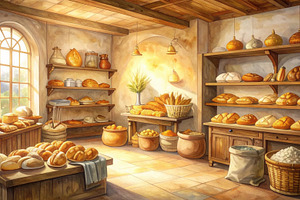 Rustic artisanal bakery interior with fresh bread