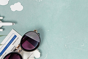Travel Concept Flat Lay with Airplane, Sunglasses, and Boarding, a Beauty & Fashion Photo by Natalia Klenova's Shop