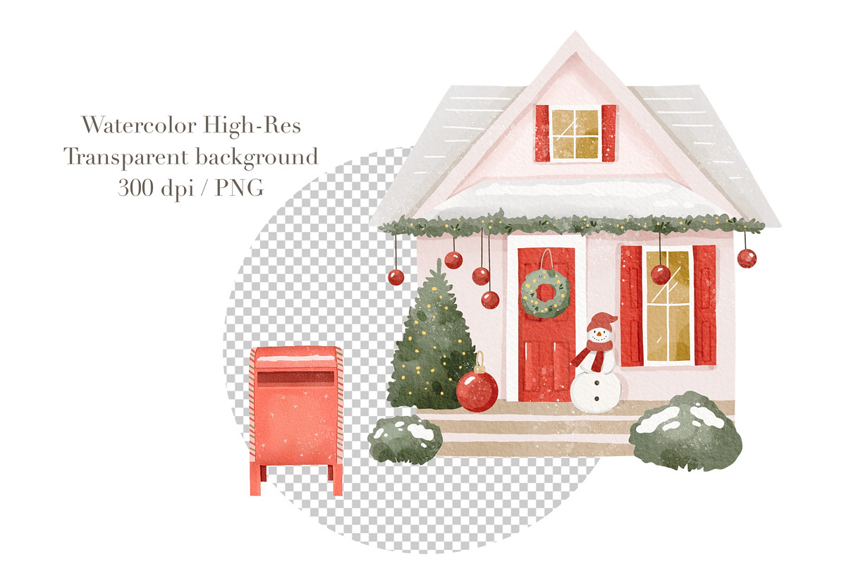 Watercolor winter Christmas house, a Seasonal Illustration by ArtGiftsStudio (Photo 4 of 4)