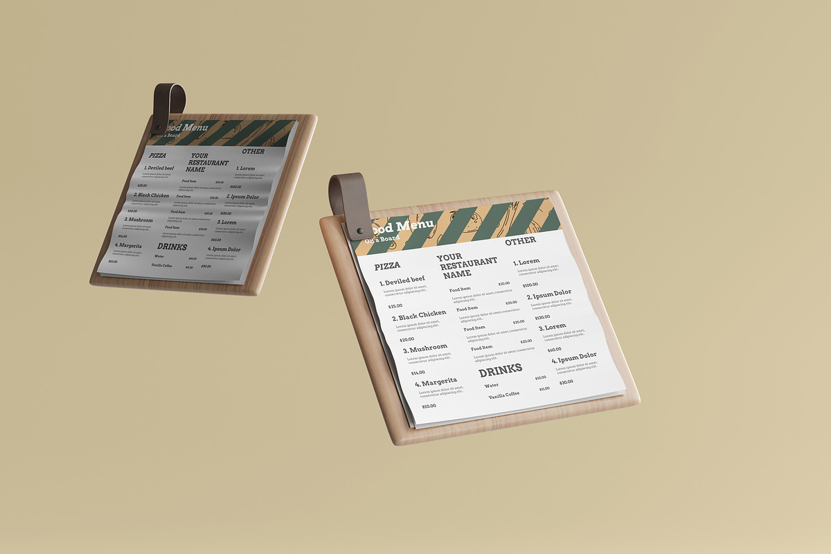 Square Food Menu on a Board Mockup, a Print Template by pmvch