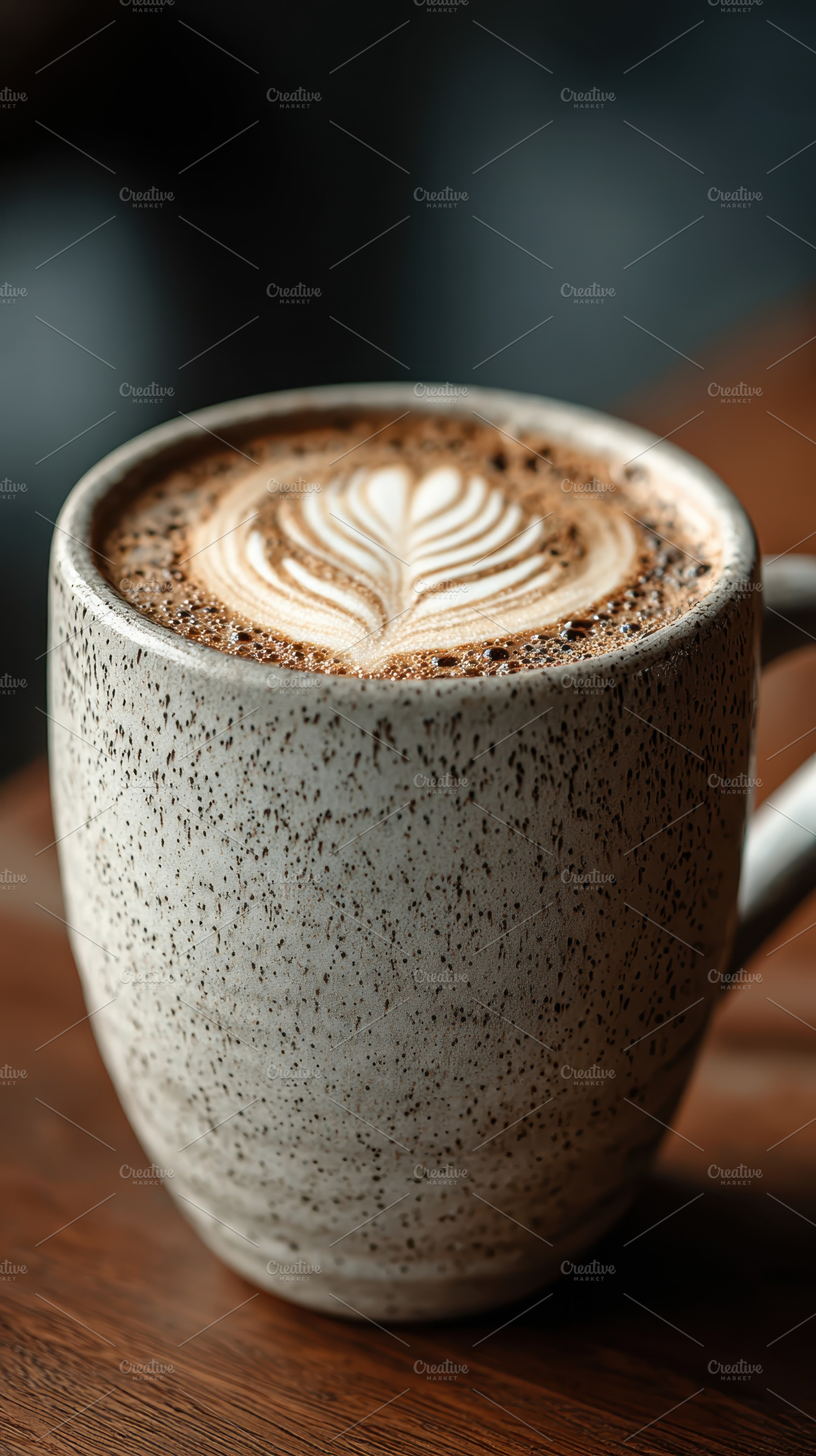 Latte art in speckled mug on wood ta, a Photo by Pixeness Studio