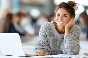 Smiling female student studying, a School & Education Photo by MistyDay