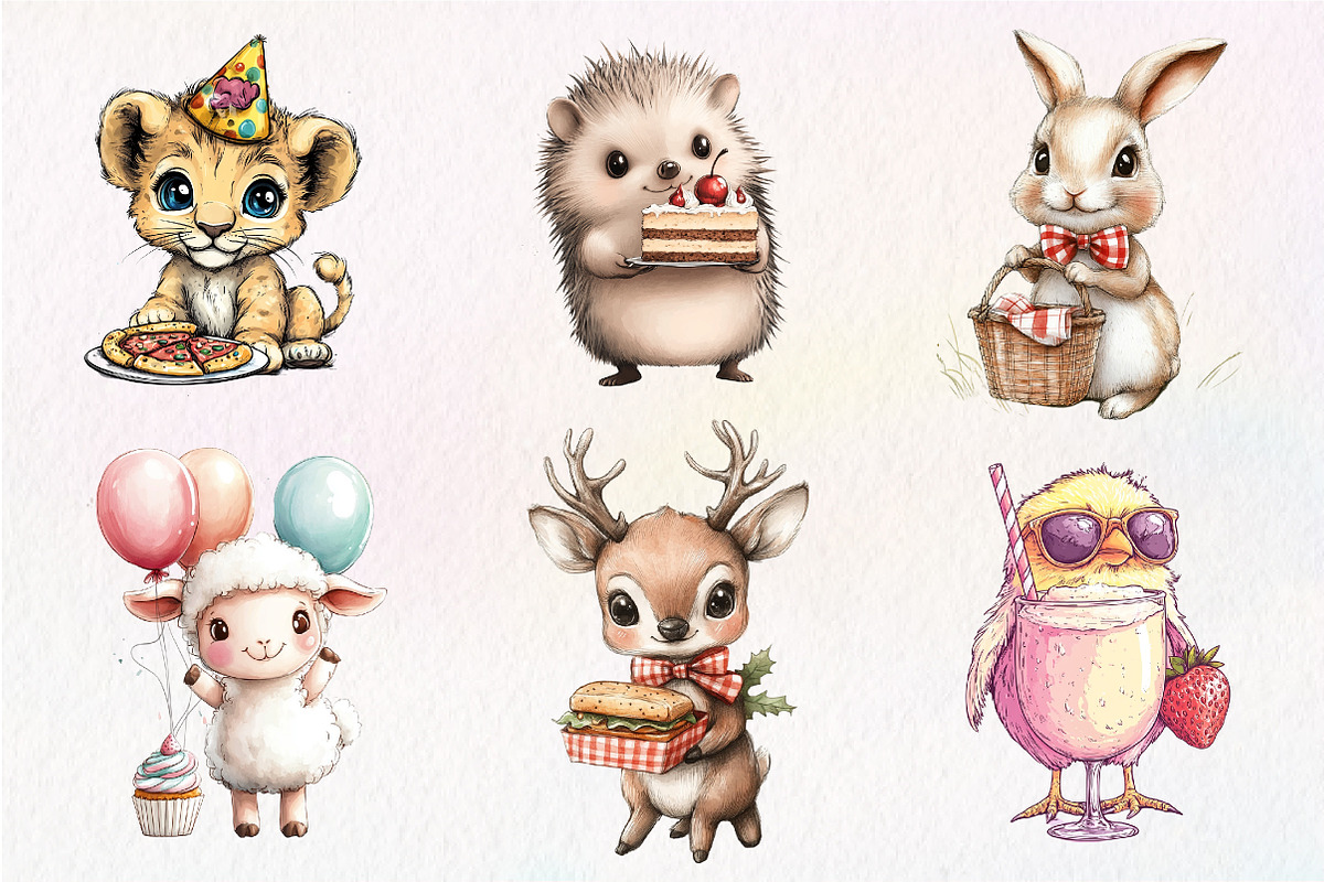 Cute Picnic Party Watercolor Animals, an Illustration by CreationArt (Photo 3 of 9)