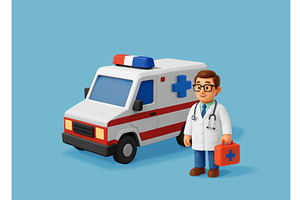 3D doctor with ambulance car, a Healthcare Illustration by Abscent