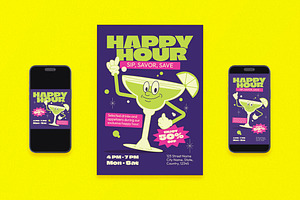 Retro Happy Hour Flyer Set, a Flyer Template by Aiyari Graphic