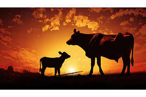 rural cow and calf silhouette ai, an Animal Photo by pikepicture