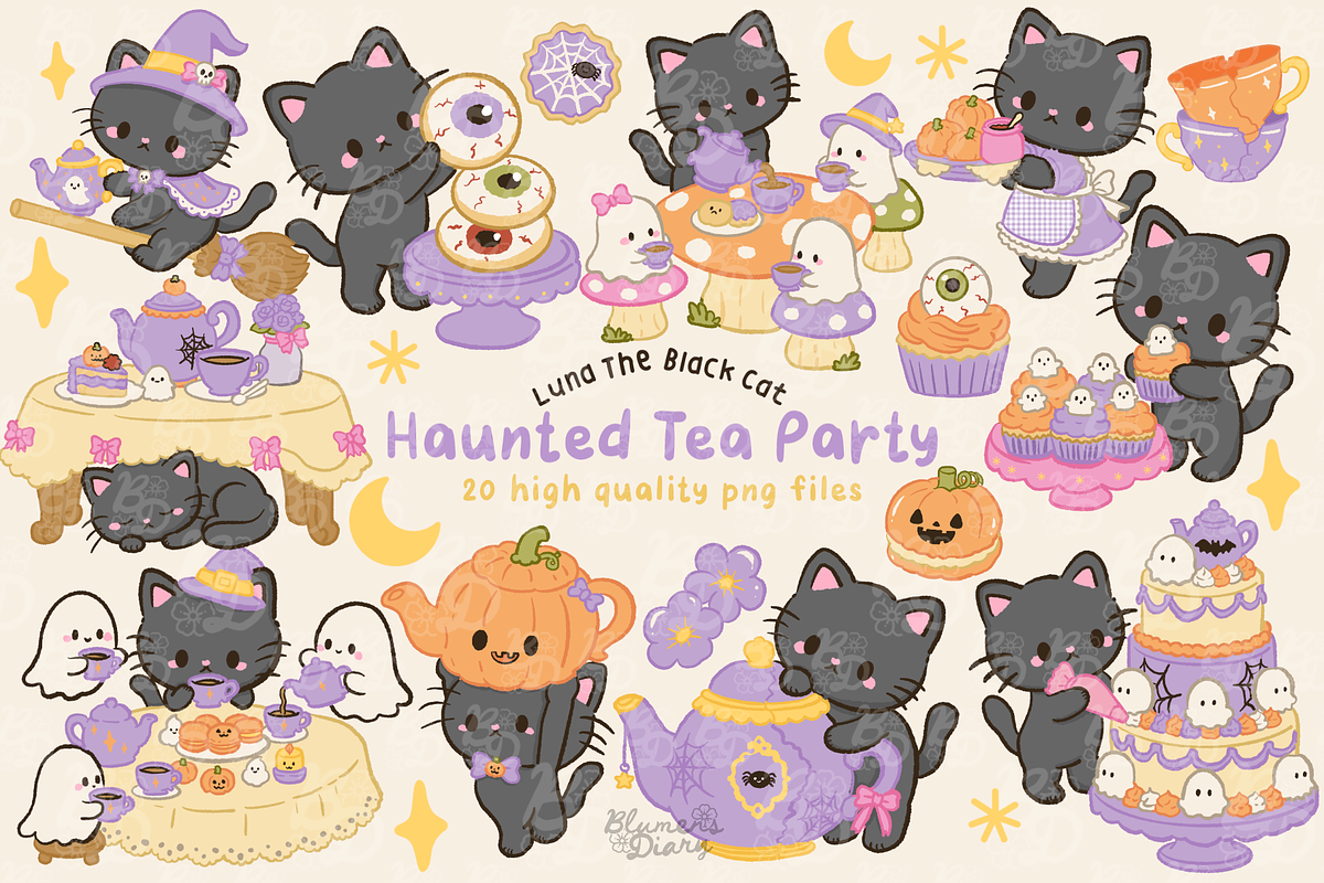 Haunted Tea Party Black Cat Clipart, a Seasonal Illustration by Blumensdiary (Photo 1 of 6)