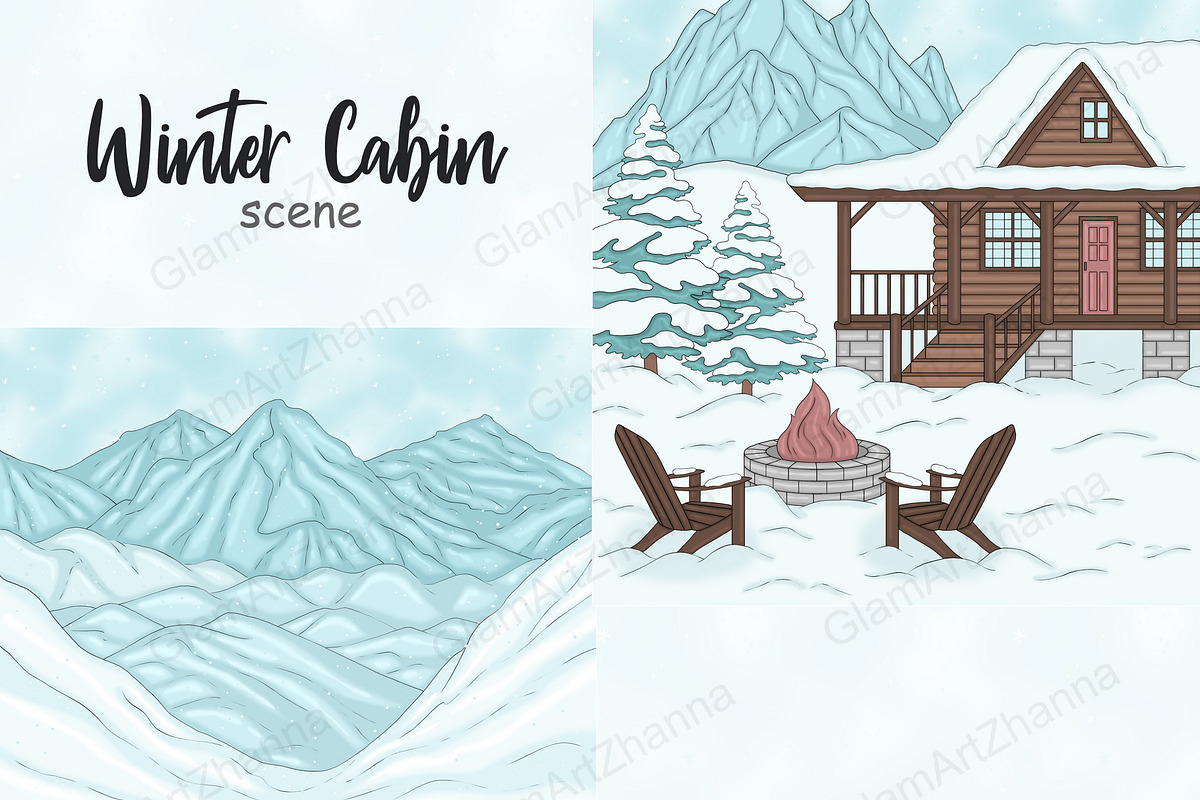 Winter Cabin Scene, a Seasonal Illustration by GlamArtZhanna (Photo 1 of 3)