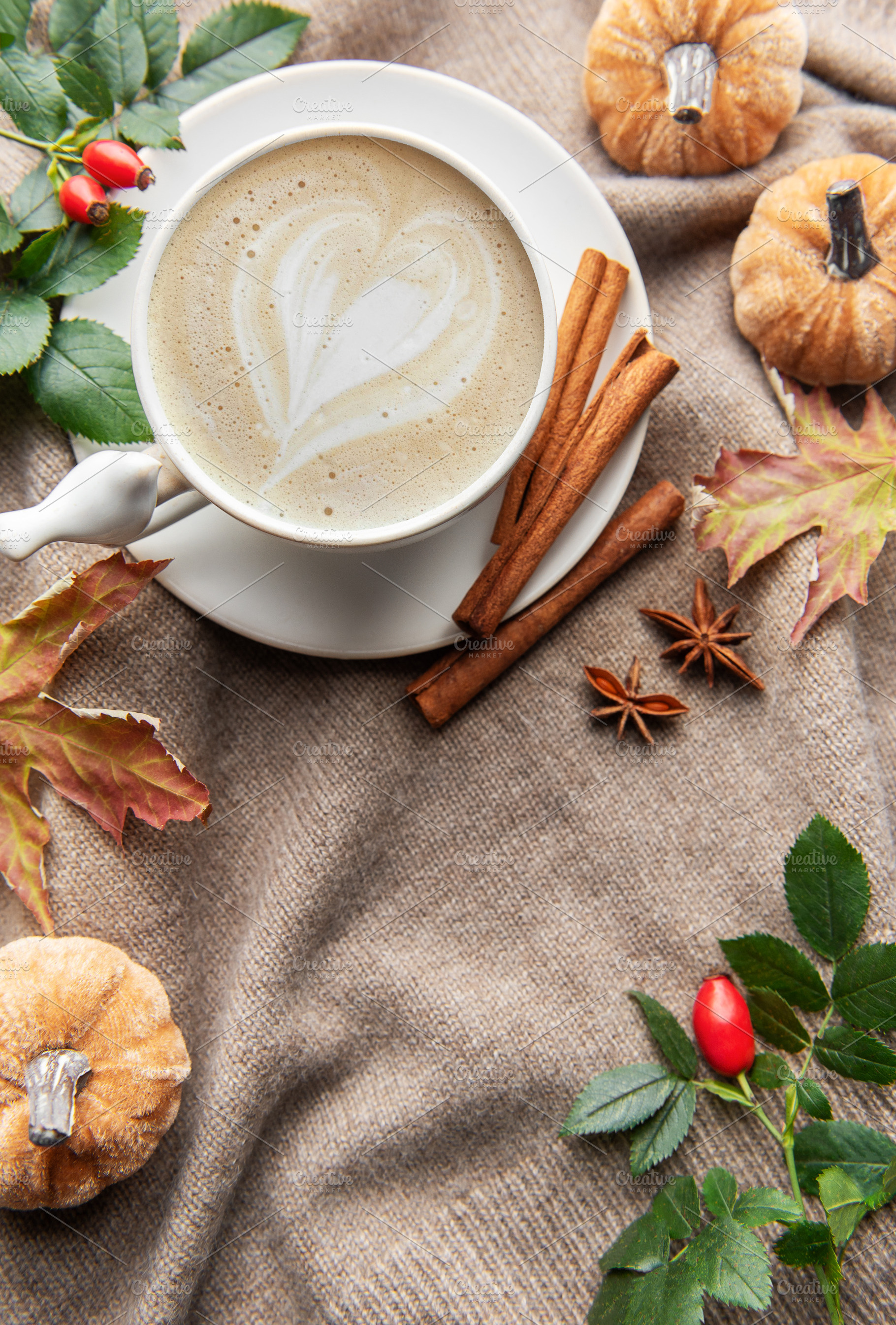 Autumn coffee latte with heart art and warm spices, a Holiday Photo by Olena Rudo