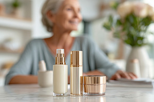 Elegant skincare mockup with tranquil atmosphere and a smiling woman in the bac, a Beauty & Fashion Photo by AlyaAnd
