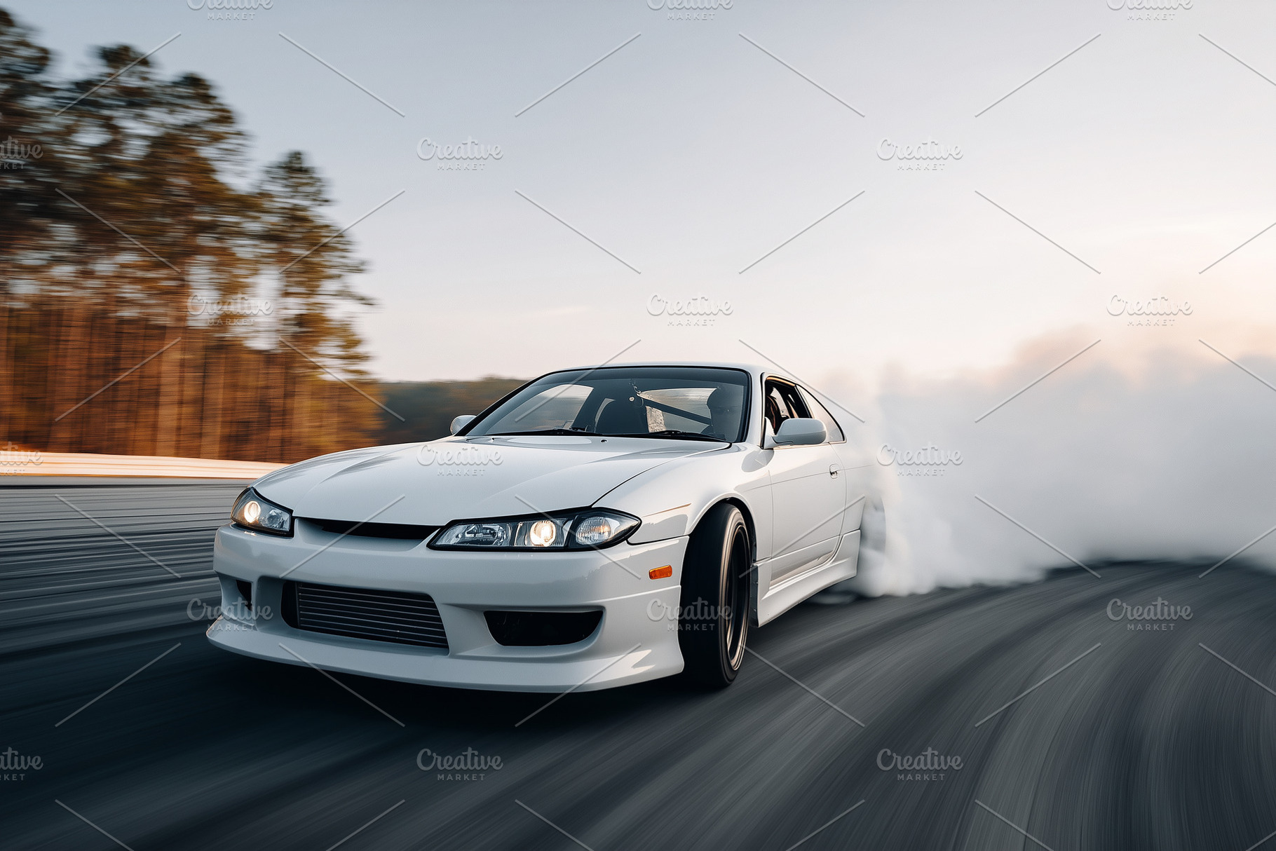 White sports car drifts at high, a Transportation Photo by MistyDay