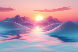 Surreal mountains landscape with river and sunshine in pastel colors, a Photo by AlyaAnd