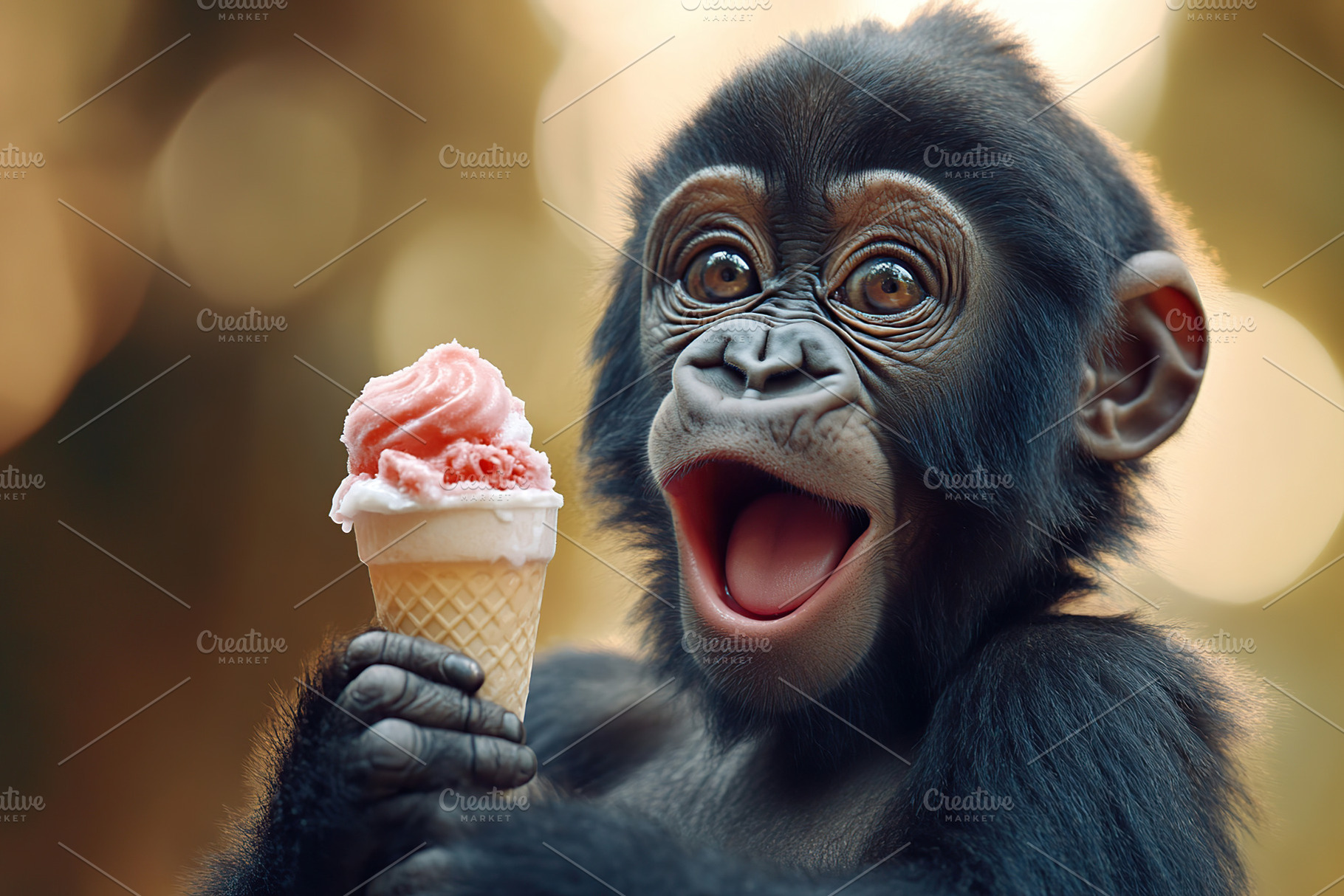 Funny gorilla baby eating ice cream on blurred background, an Animal Photo by AlyaAnd