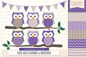 Owls Clipart & Patterns in Purple, an Animal Illustration by Amanda Ilkov