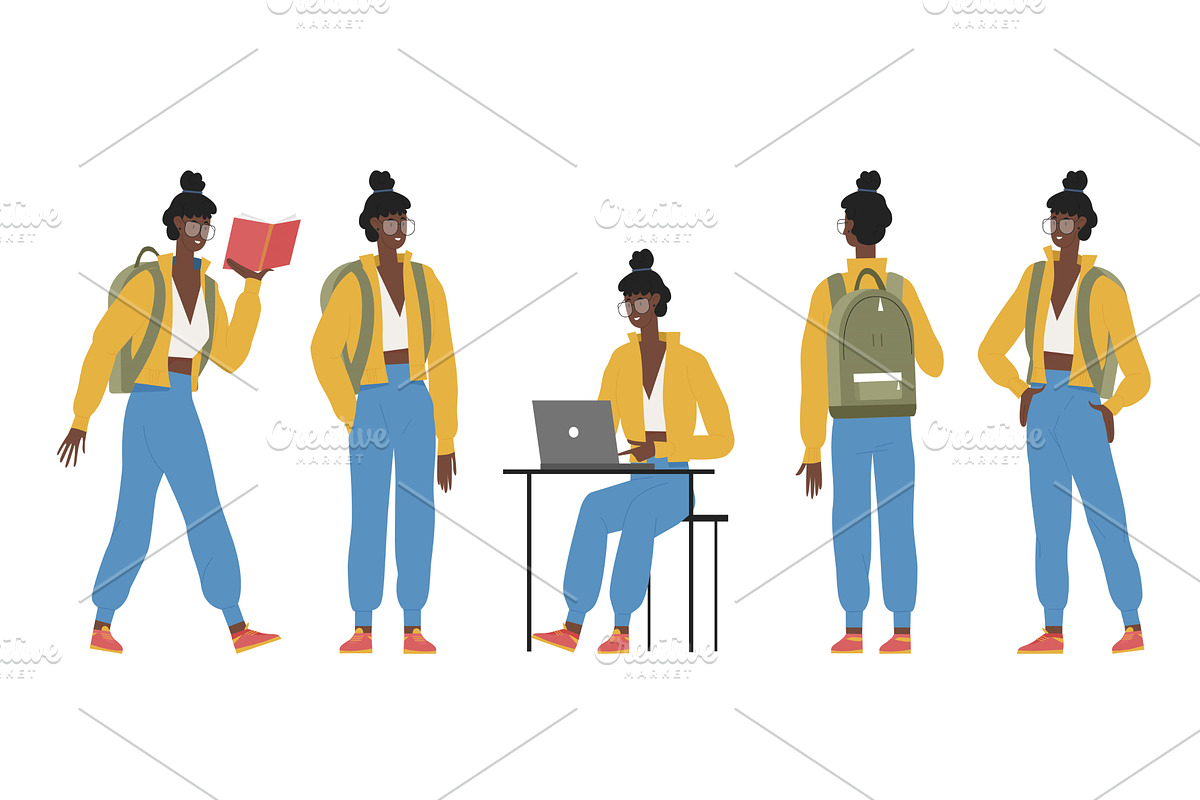 Afro Student Girl in Various Poses, an Education Illustration by Flashvector