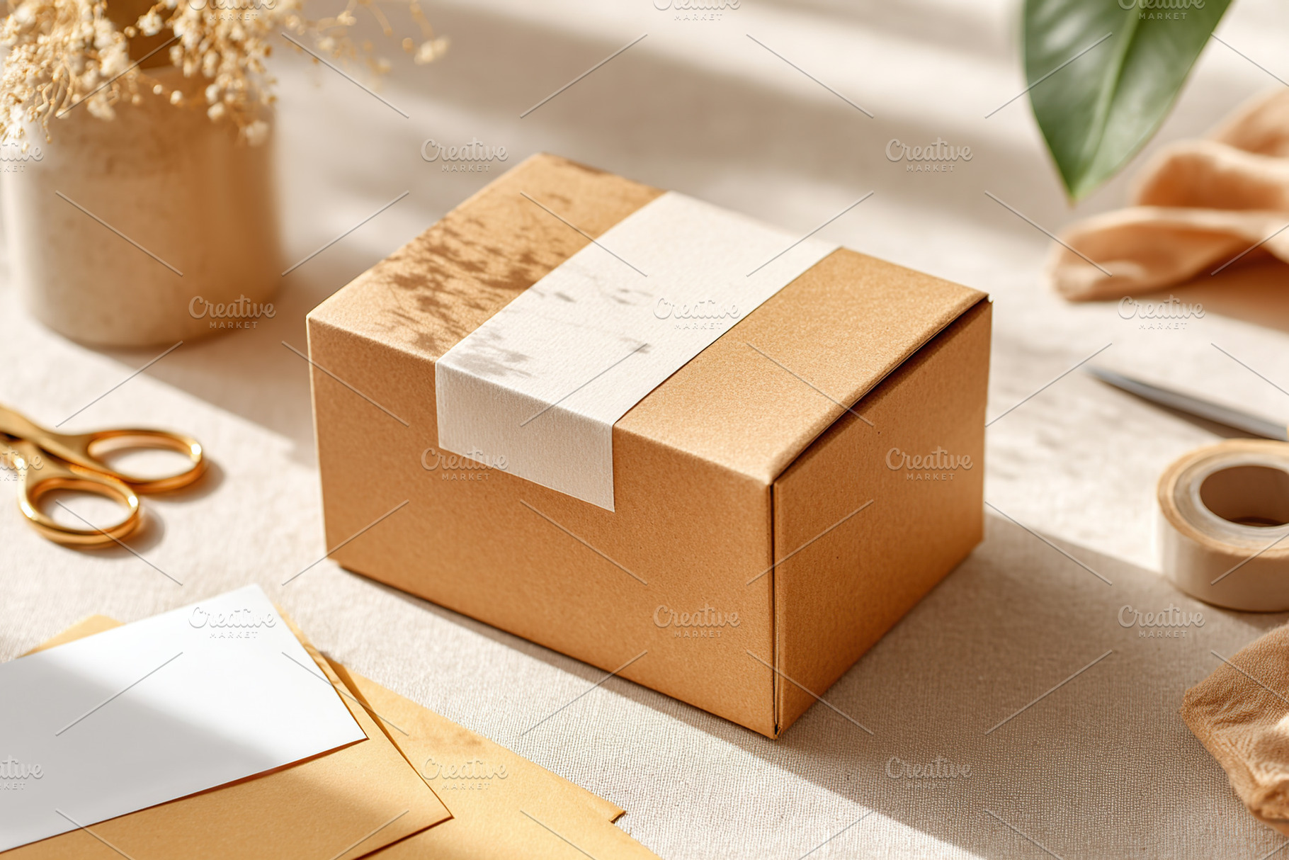 Craft box on a table with stationery and plant accents during afternoon light, a Beauty & Fashion Photo by AlyaAnd