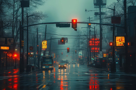 Rain-soaked street illuminated by tr, a Photo by Tanuart