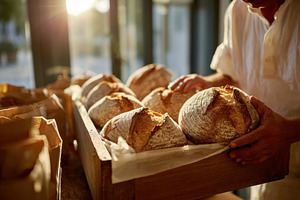 Baker arranging fresh artisan bread in a cozy bakery, a Food & Drink Photo by AlyaAnd