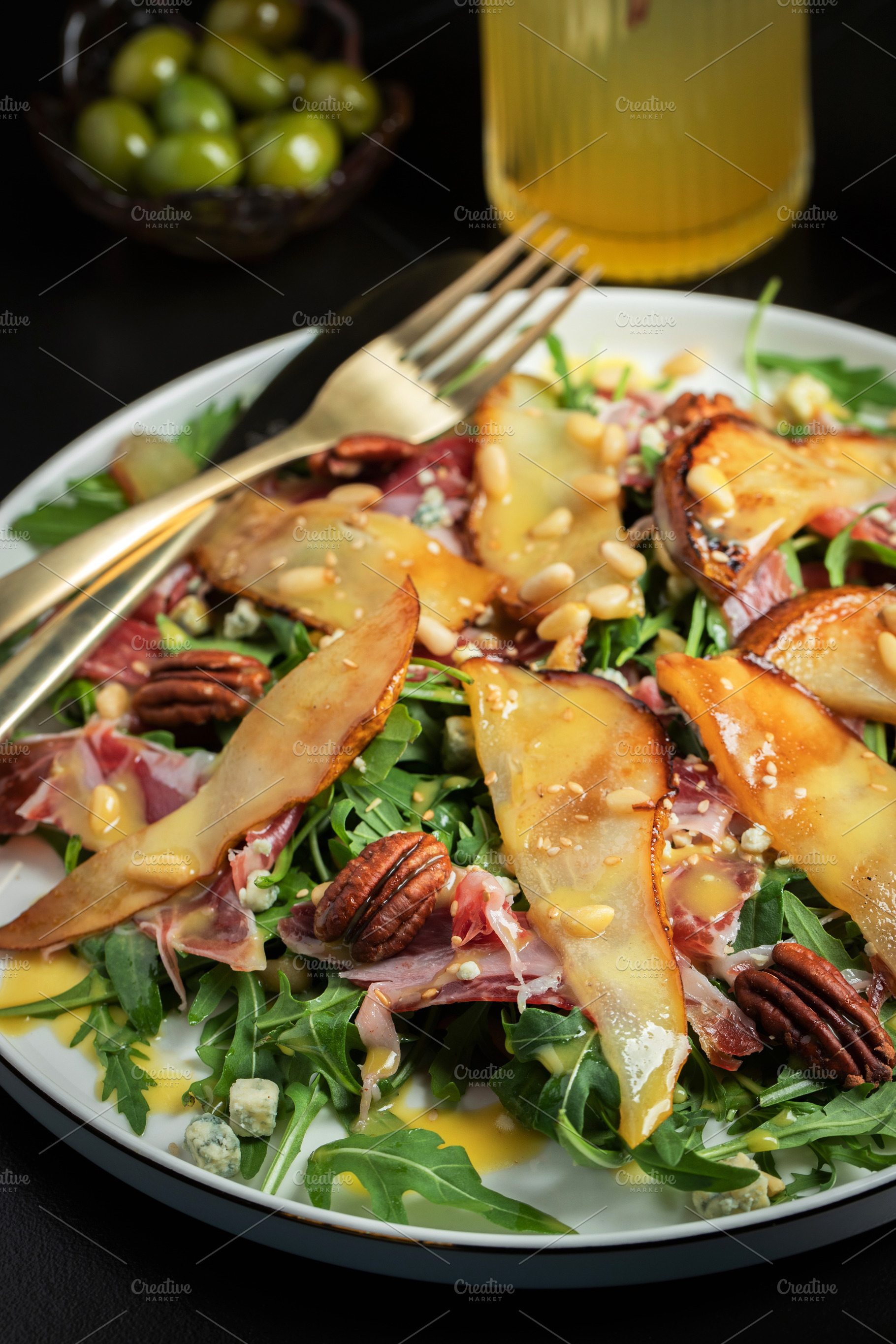 Salad with Pear, Arugula, Jamon, Blue Cheese and Blueberry, Delicious Fresh Sal, a Food & Drink Photo by Budarinphoto