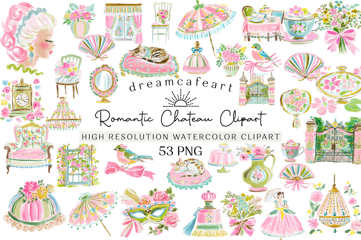 Romantic Chateau Watercolor Clipart, an Illustration by DreamCafeArt (Photo 1 of 6)